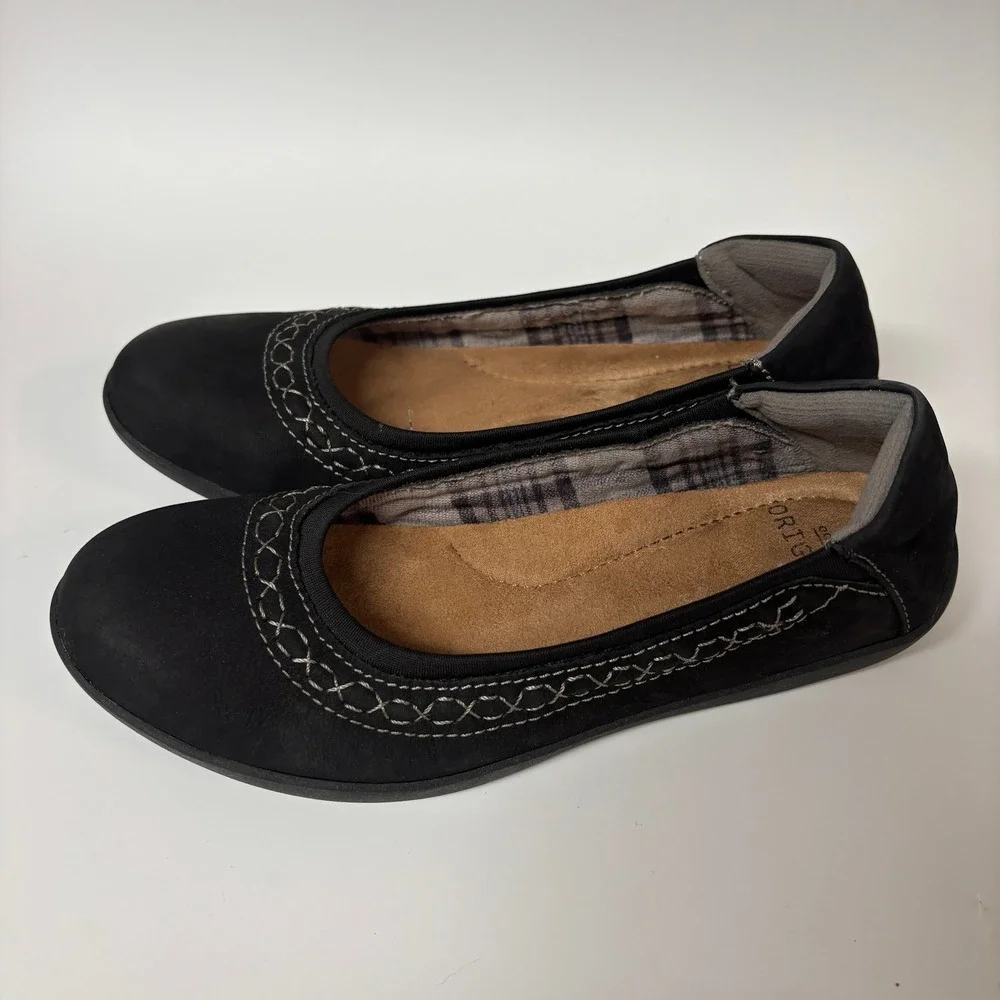 Earth Origins Black Nubuck Leather Ballet Flats Whipstitch Trim Women Size 6.5